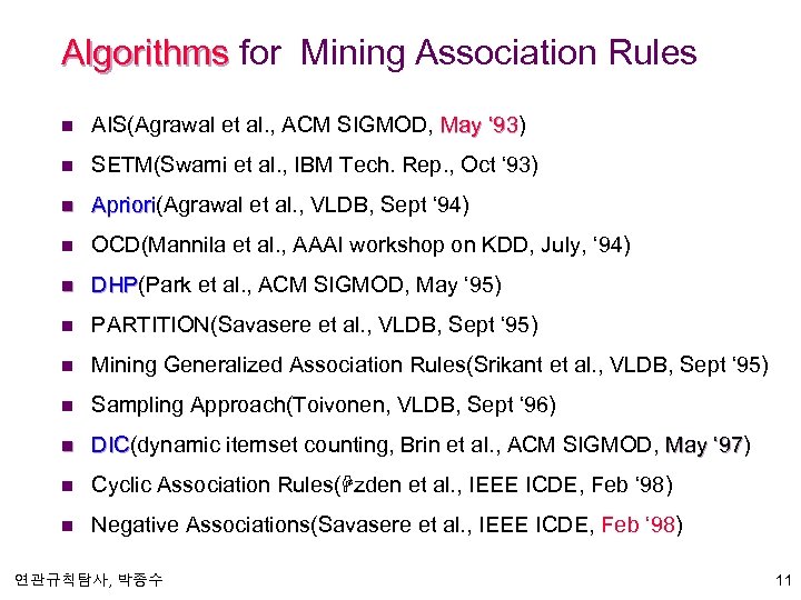 Algorithms for Mining Association Rules n AIS(Agrawal et al. , ACM SIGMOD, May ‘