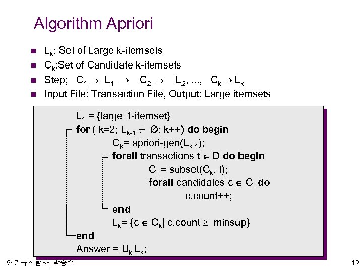Algorithm Apriori n n Lk: Set of Large k-itemsets Ck: Set of Candidate k-itemsets