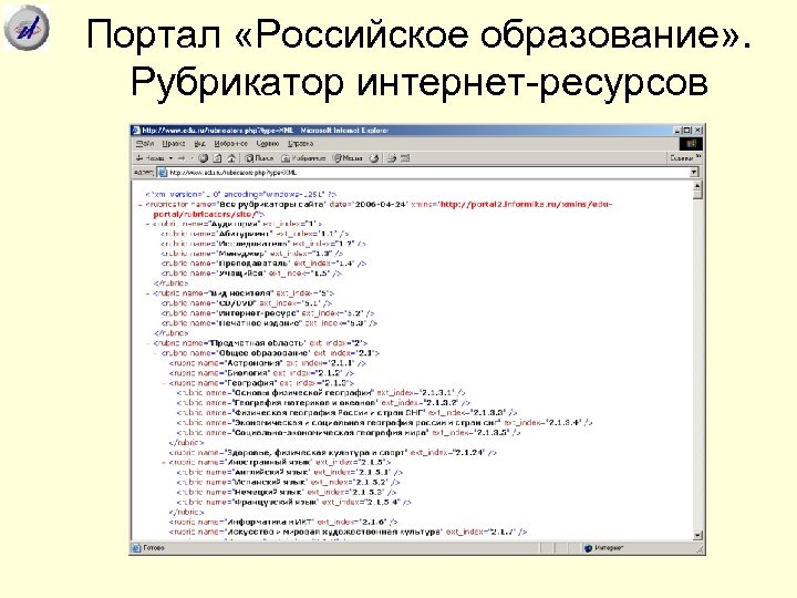 Портал «Российское образование» . Рубрикатор интернет-ресурсов 