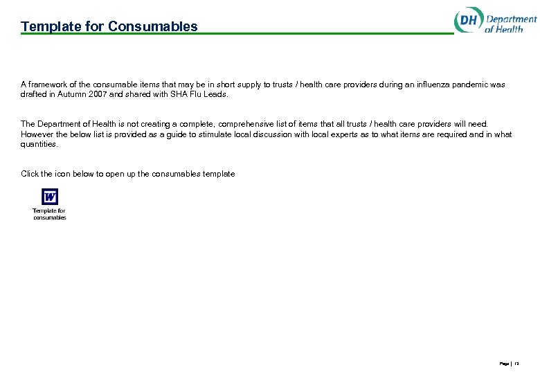 Template for Consumables A framework of the consumable items that may be in short