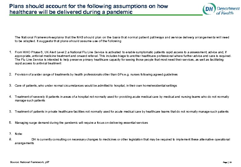 Plans should account for the following assumptions on how healthcare will be delivered during