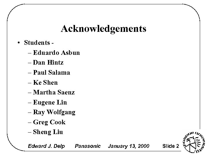 Acknowledgements • Students – Eduardo Asbun – Dan Hintz – Paul Salama – Ke