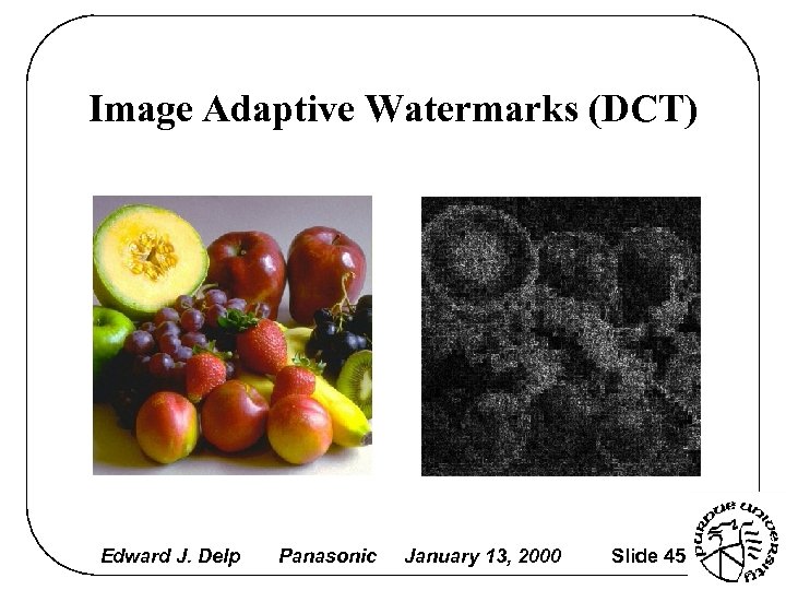 Image Adaptive Watermarks (DCT) Edward J. Delp Panasonic January 13, 2000 Slide 45 