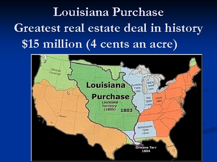 Louisiana Purchase Greatest real estate deal in history $15 million (4 cents an acre)