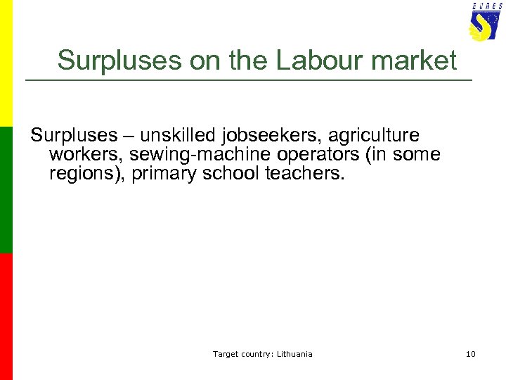 Surpluses on the Labour market Surpluses – unskilled jobseekers, agriculture workers, sewing-machine operators (in