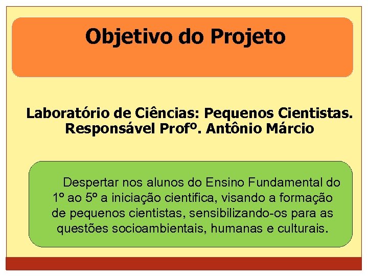 Objetivo do Projeto Laboratório de Ciências: Pequenos Cientistas. Responsável Profº. Antônio Márcio Despertar nos
