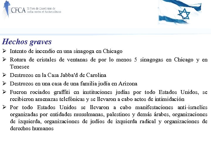 Hechos graves Ø Intento de incendio en una sinagoga en Chicago Ø Rotura de