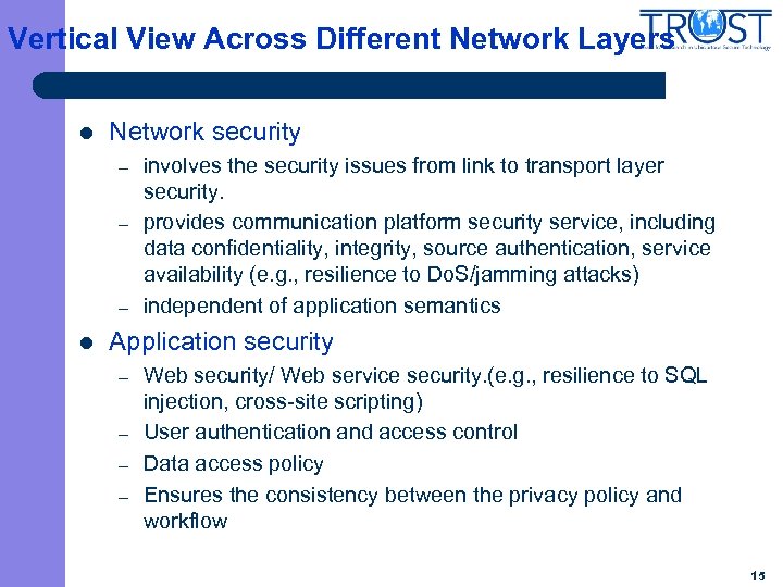 Vertical View Across Different Network Layers l Network security – – – l involves