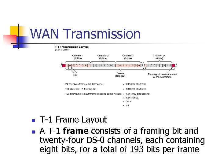 WAN Transmission n n T-1 Frame Layout A T-1 frame consists of a framing