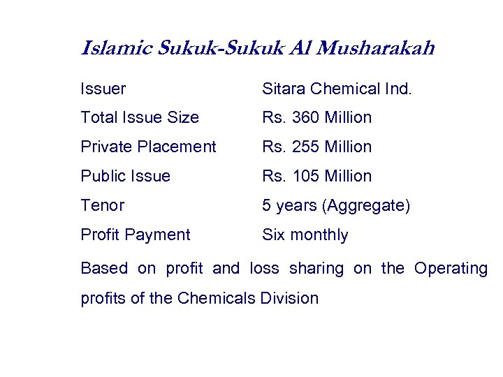 Islamic Sukuk-Sukuk Al Musharakah Issuer Sitara Chemical Ind. Total Issue Size Rs. 360 Million