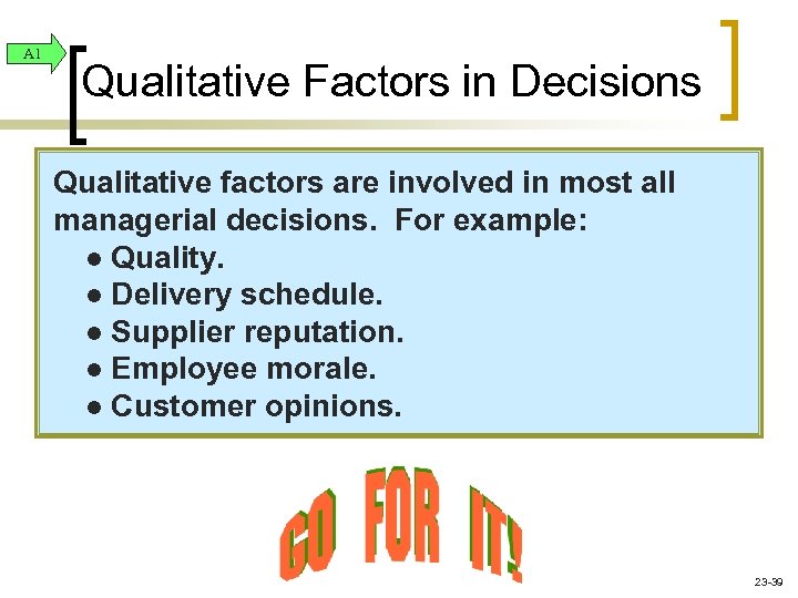 A 1 Qualitative Factors in Decisions Qualitative factors are involved in most all managerial