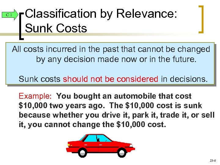 C 1 Classification by Relevance: Sunk Costs All costs incurred in the past that