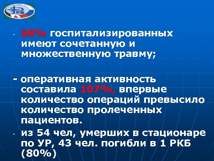 - 68% госпитализированных имеют сочетанную и множественную травму; - оперативная активность составила 107%, впервые