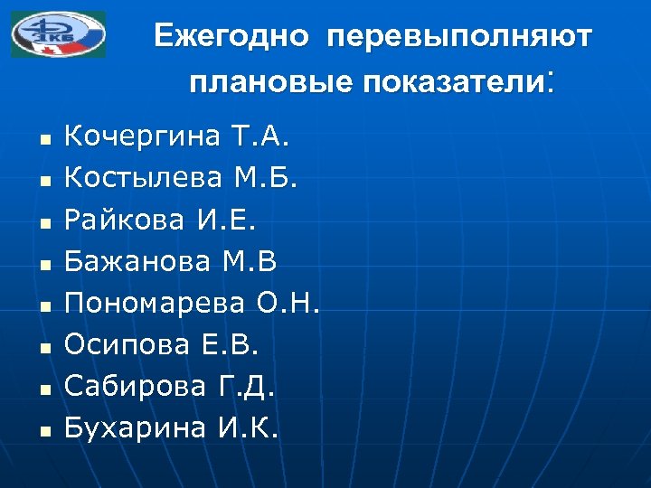 Ежегодно перевыполняют плановые показатели: n n n n Кочергина Т. А. Костылева М. Б.