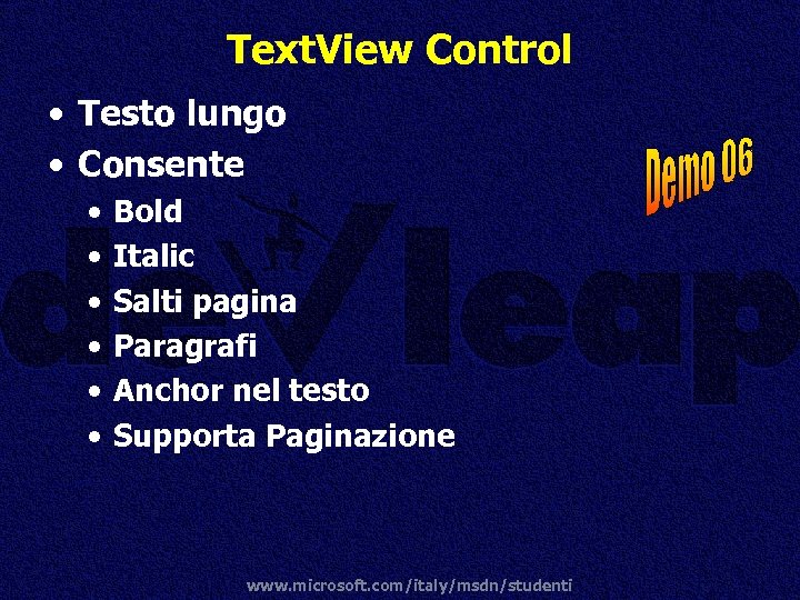 Text. View Control • Testo lungo • Consente • Bold • Italic • Salti