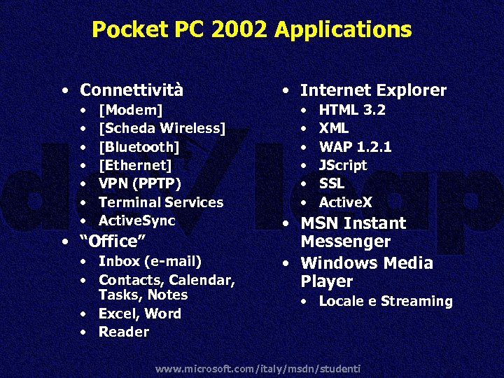 Pocket PC 2002 Applications • Connettività • • [Modem] [Scheda Wireless] [Bluetooth] [Ethernet] VPN