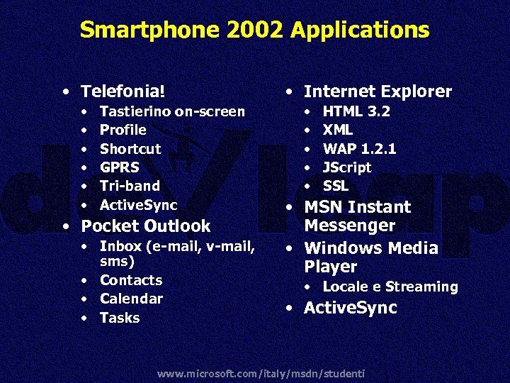 Smartphone 2002 Applications • Telefonia! • • • Tastierino on-screen Profile Shortcut GPRS Tri-band