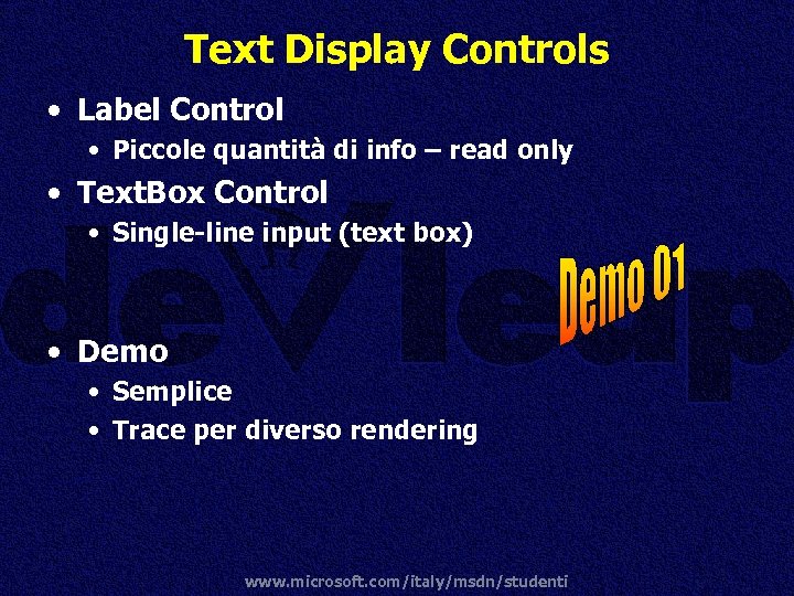 Text Display Controls • Label Control • Piccole quantità di info – read only