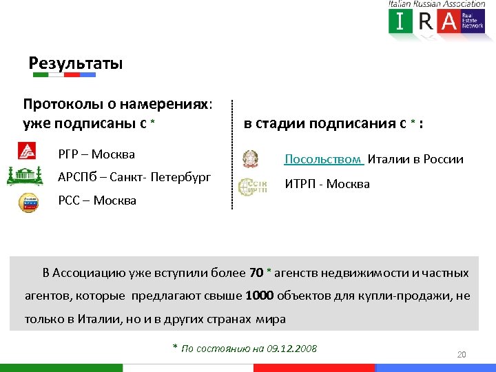 Результаты Протоколы о намерениях: уже подписаны c * в стадии подписания с * :