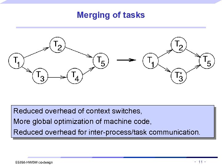 Merging of tasks Reduced overhead of context switches, More global optimization of machine code,