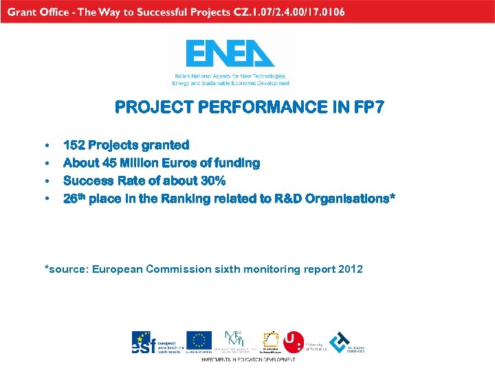PROJECT PERFORMANCE IN FP 7 • • 152 Projects granted About 45 Million Euros