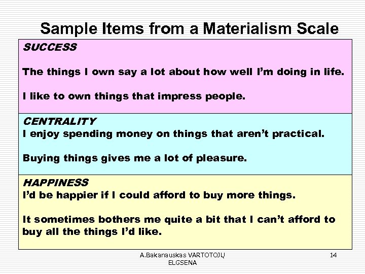 Sample Items from a Materialism Scale SUCCESS The things I own say a lot