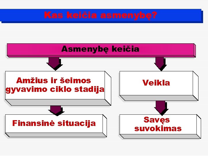 Kas keičia asmenybę? Asmenybę keičia Amžius ir šeimos gyvavimo ciklo stadija Veikla Finansinė situacija