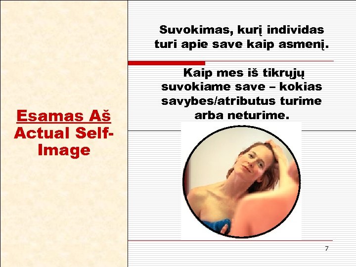 Suvokimas, kurį individas turi apie save kaip asmenį. Esamas Aš Actual Self. Image Kaip