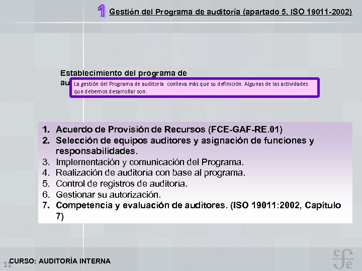 Gestión del Programa de auditoría (apartado 5, ISO 19011 -2002) Establecimiento del programa de