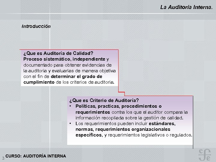 La Auditoría Interna. Introducción ¿Que es Auditoría de Calidad? Proceso sistemático, independiente y documentado