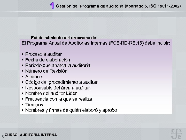 Gestión del Programa de auditoría (apartado 5, ISO 19011 -2002) Establecimiento del programa de