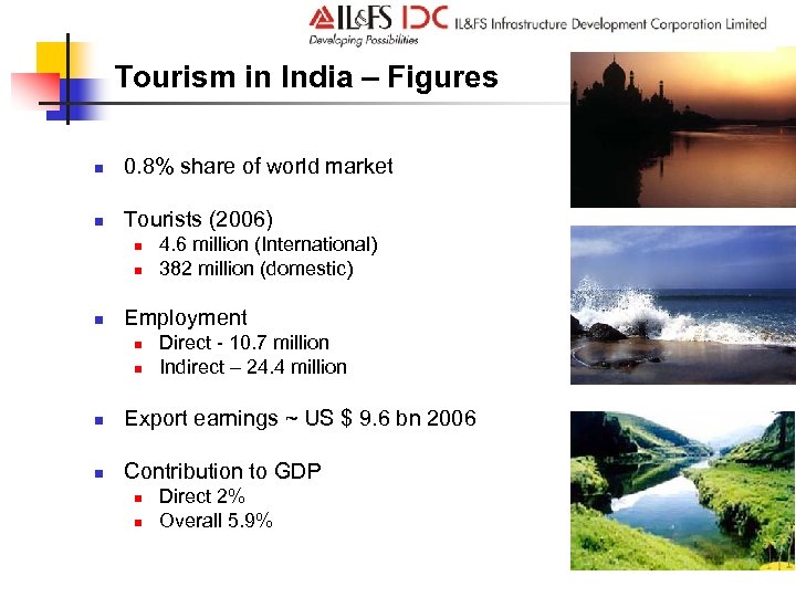 Tourism in India – Figures n 0. 8% share of world market n Tourists