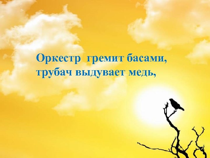 Оркестр гремит басами, трубач выдувает медь, 