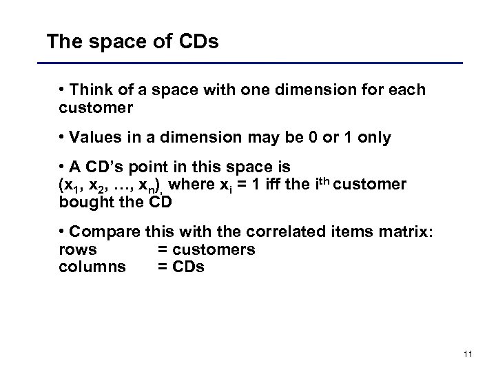 The space of CDs • Think of a space with one dimension for each
