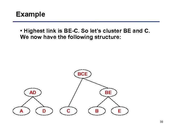 Example • Highest link is BE-C. So let’s cluster BE and C. We now