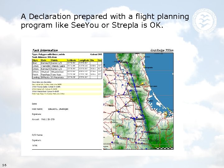 A Declaration prepared with a flight planning program like See. You or Strepla is
