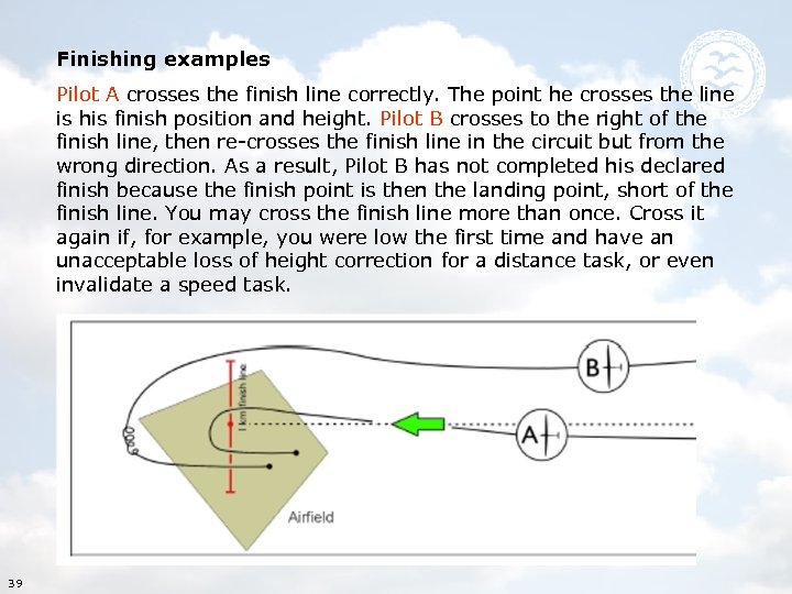 Finishing examples Pilot A crosses the finish line correctly. The point he crosses the
