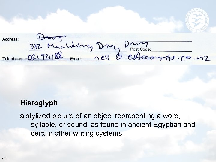 Hieroglyph a stylized picture of an object representing a word, syllable, or sound, as