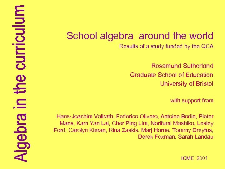 School algebra around the world Results of a study funded by the QCA Rosamund