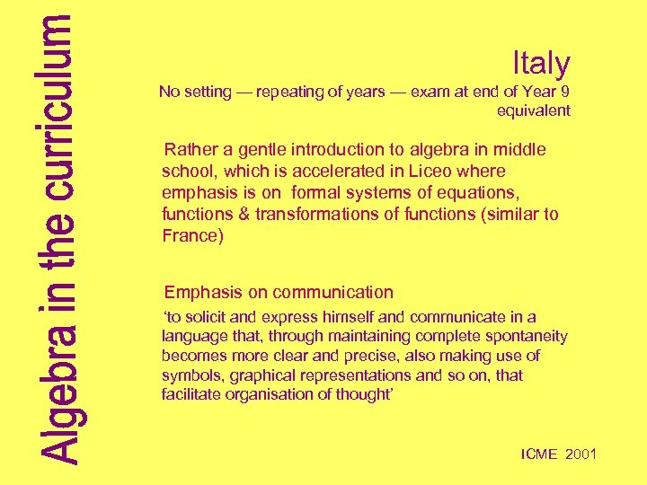 Italy No setting — repeating of years — exam at end of Year 9