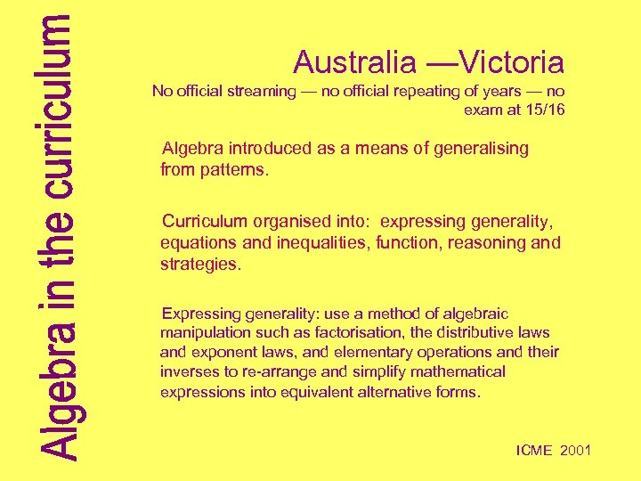 Australia —Victoria No official streaming — no official repeating of years — no exam