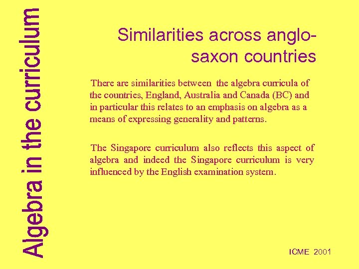 Similarities across anglosaxon countries There are similarities between the algebra curricula of the countries,