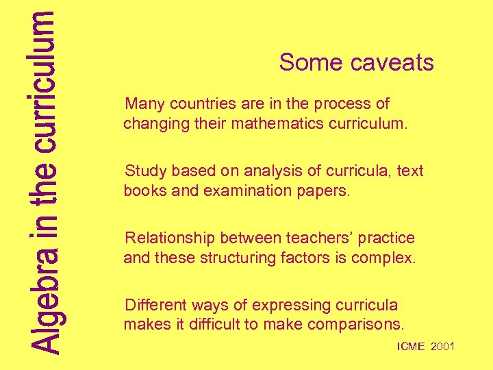 Some caveats Many countries are in the process of changing their mathematics curriculum. Study