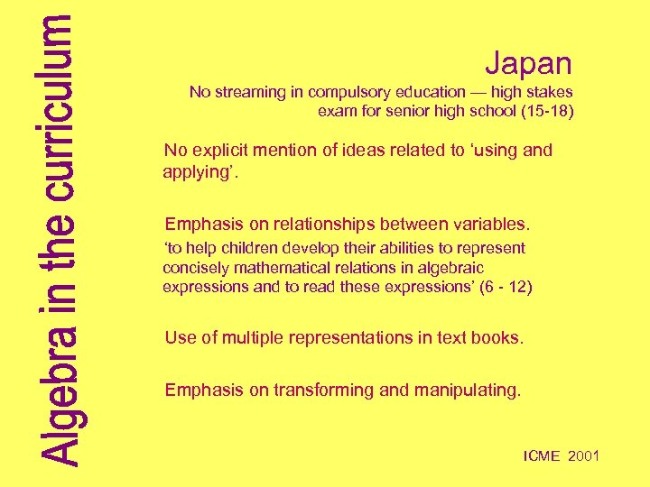 Japan No streaming in compulsory education — high stakes exam for senior high school