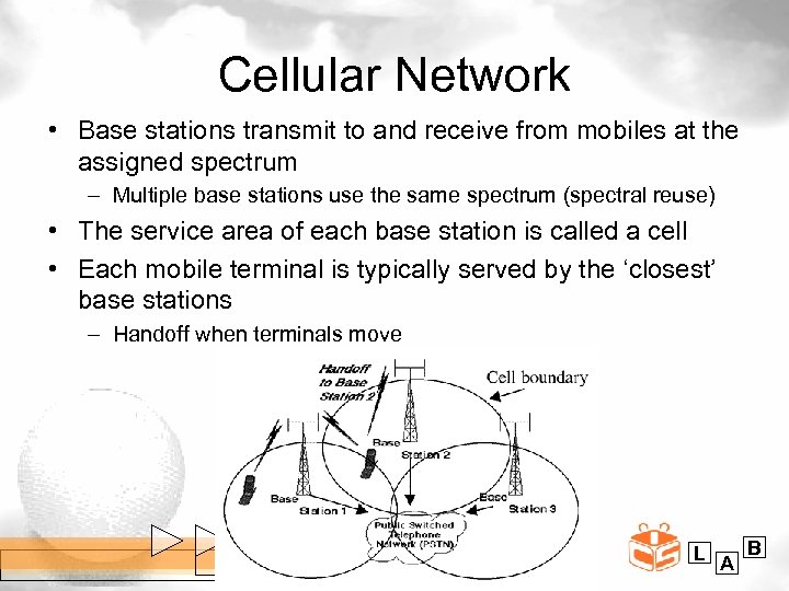 Cellular Network • Base stations transmit to and receive from mobiles at the assigned
