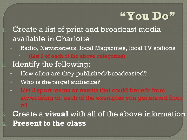 “You Do” Create a list of print and broadcast media available in Charlotte 1.