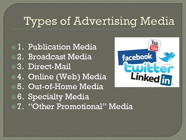 Types of Advertising Media 1. 2. 3. 4. 5. 6. 7. Publication Media Broadcast