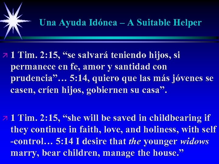 Una Ayuda Idónea – A Suitable Helper ä 1 Tim. 2: 15, “se salvará