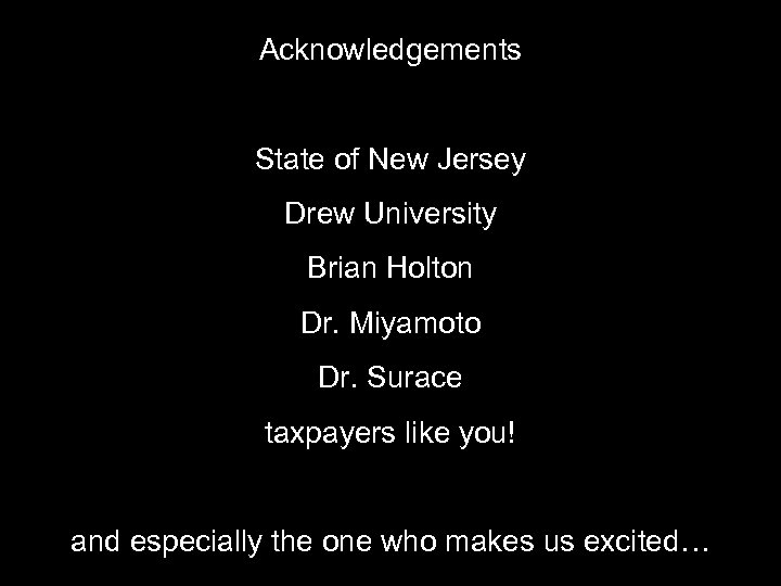 Acknowledgements State of New Jersey Drew University Brian Holton Dr. Miyamoto Dr. Surace taxpayers