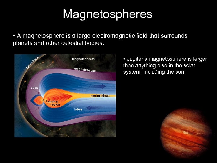 Magnetospheres • A magnetosphere is a large electromagnetic field that surrounds planets and other